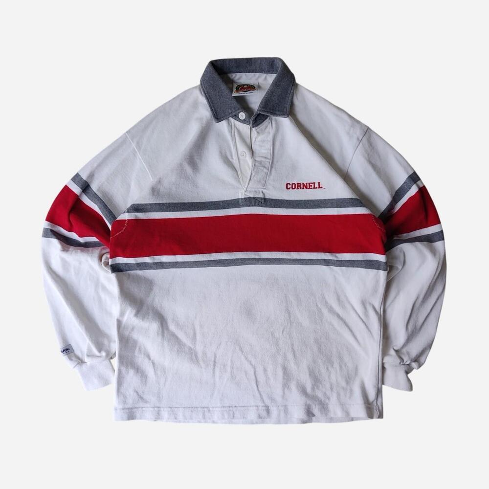 Barbarian Cornell University white heavyweight rugby with red and gray horizonta
